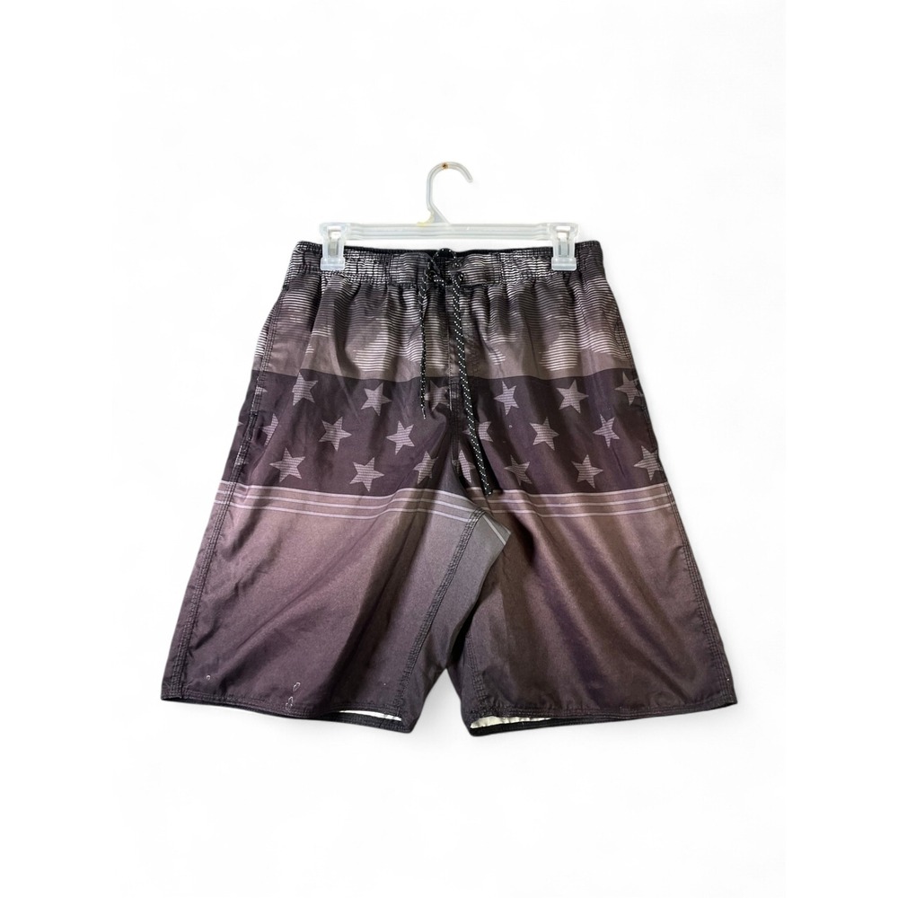 Pacific Scene Mens Black Grey Star Stripe Board Shorts Swim Trunks Size Medium